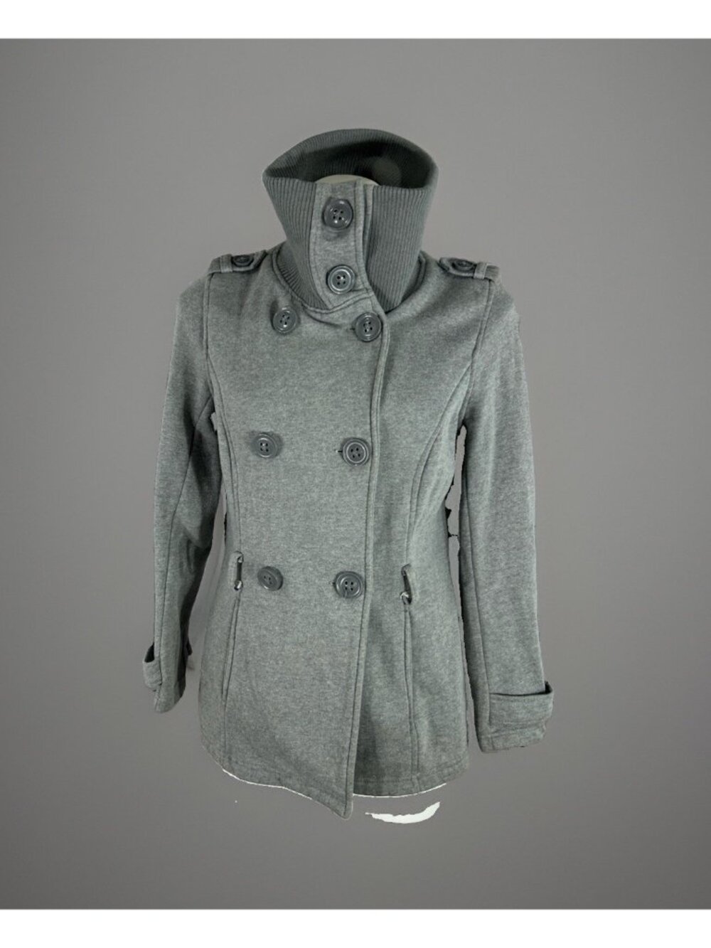Messiso Women's Gray Pea coat Double Breast Button Up Lined Size Medium No belt